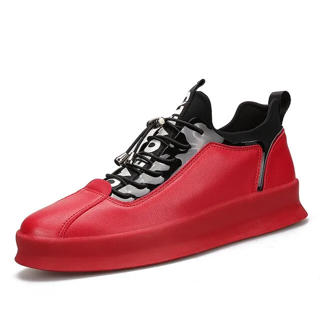 Mens Fashion Casual Sneakers Luxury Brand Pu Leather Shoes Men Red Thick Soled Young Casual Shoes Elastic Band Big Boy Flat Shoe