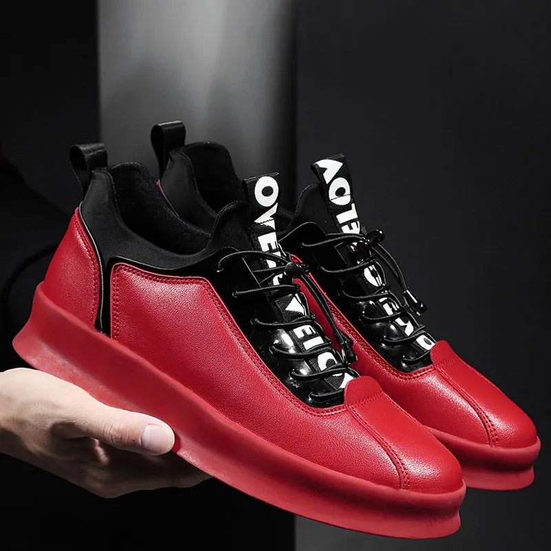 Mens Fashion Casual Sneakers Luxury Brand Pu Leather Shoes Men Red Thick Soled Young Casual Shoes Elastic Band Big Boy Flat Shoe