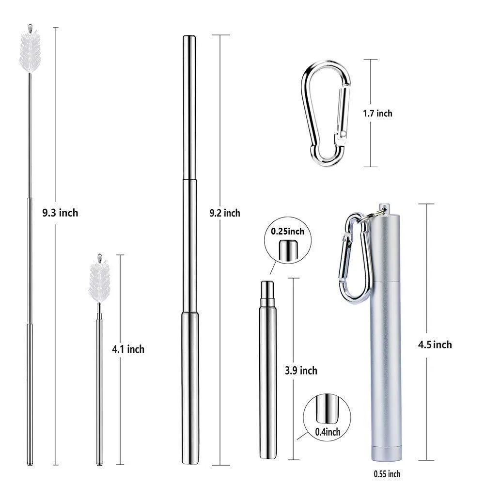 Morwealth 2 Pack Collapsible Reusable Stainless Steel Telescopic Folding Stainless Steel Metal Drinking Straws with Case, Cleaning Brush and Keychain (Silver/Silver)
