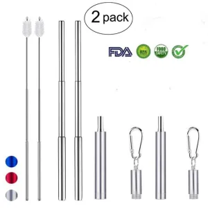 Morwealth 2 Pack Collapsible Reusable Stainless Steel Telescopic Folding Stainless Steel Metal Drinking Straws with Case, Cleaning Brush and Keychain (Silver/Silver)