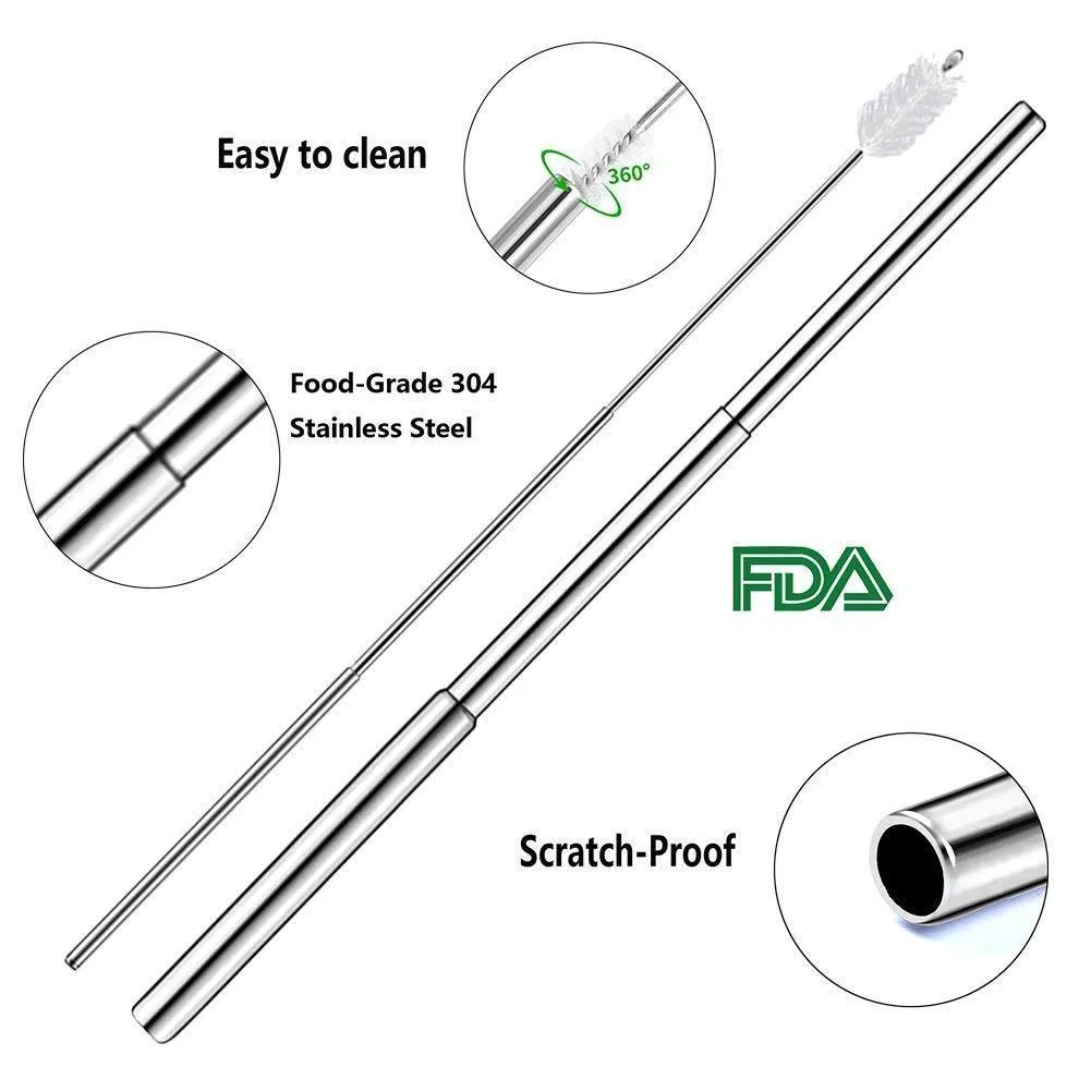 Morwealth 2 Pack Collapsible Reusable Stainless Steel Telescopic Folding Stainless Steel Metal Drinking Straws with Case, Cleaning Brush and Keychain (Silver/Silver)