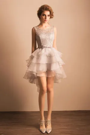 New Elegant Homecoming Dress Asymmetrical Silver Lace Short Sexy Prom Dress OK364