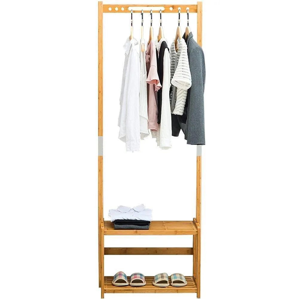 NNEWVANTE Coat Rack Bench Hall Trees Shoes Rack Entryway, 3 in 1 Shelf Organizer Shelf, Environmental Bamboo Furniture -Bamboo /29.5x13.8x70in