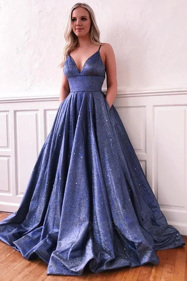 Purple Spaghetti Straps Sleeveless Prom Evening Dress with Pockets TP0916