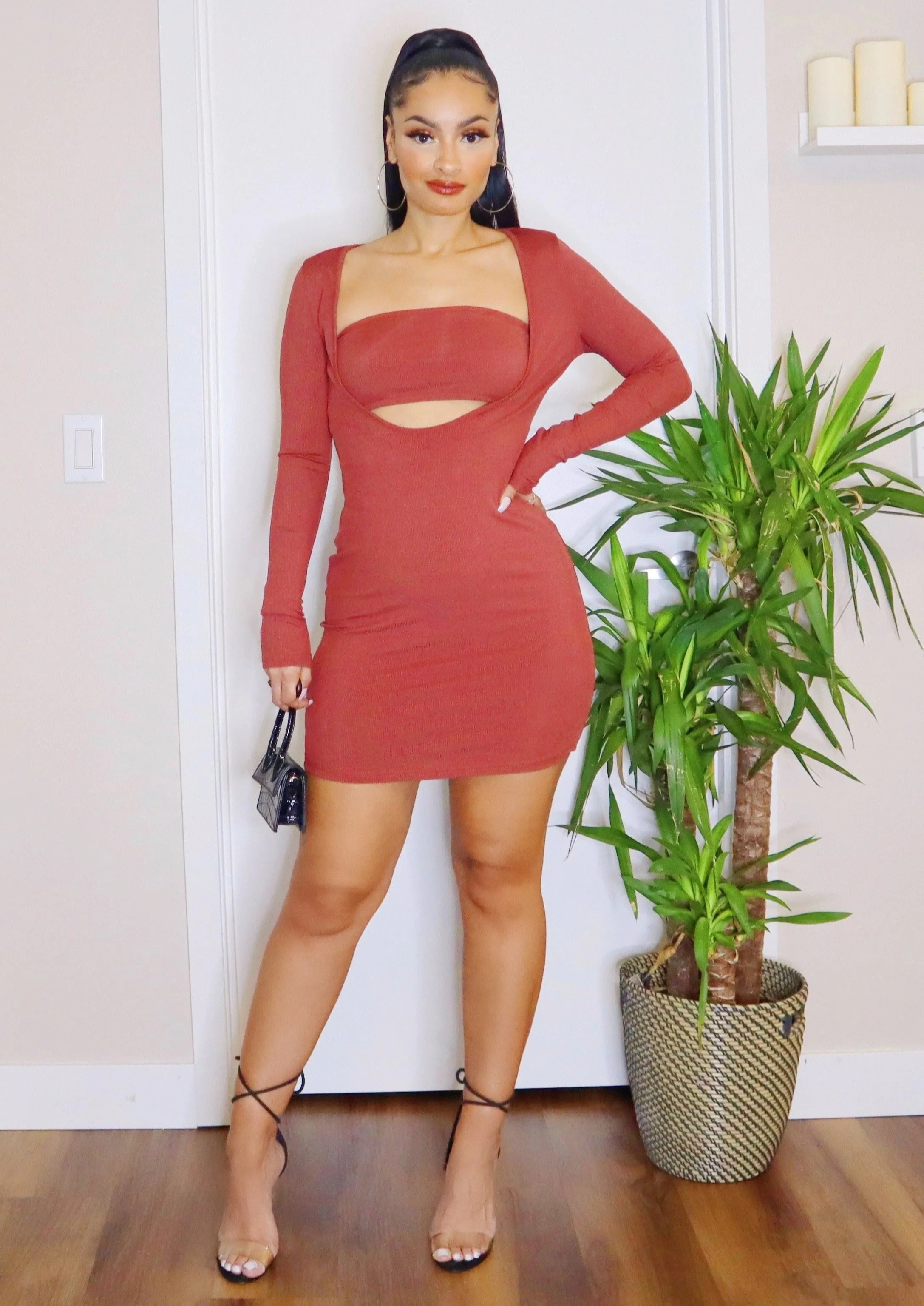 Ribbed 2-Piece Bandeau Mini Dress (Rust)