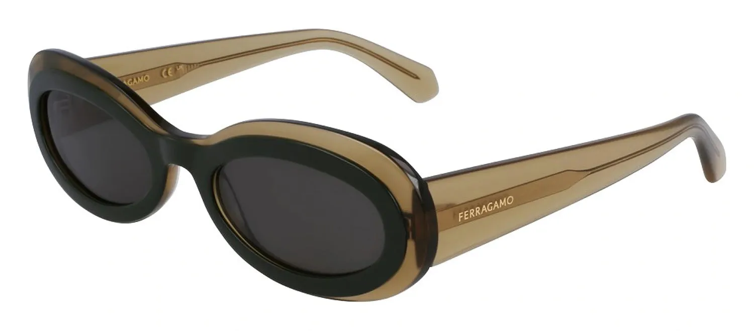 Salvatore Ferragamo SF 2003S 327 Oval Plastic Transparent Khaki/Green Sunglasses with Dark Grey Lens