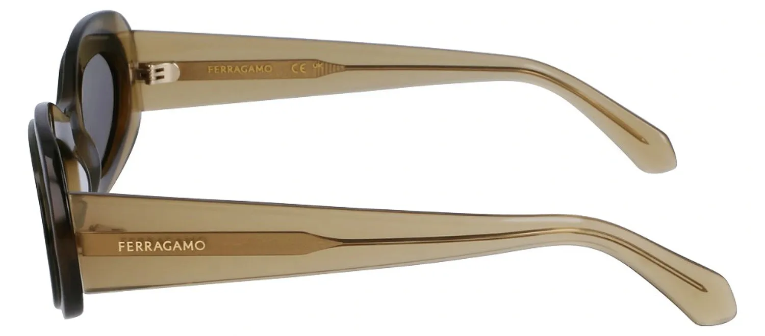 Salvatore Ferragamo SF 2003S 327 Oval Plastic Transparent Khaki/Green Sunglasses with Dark Grey Lens