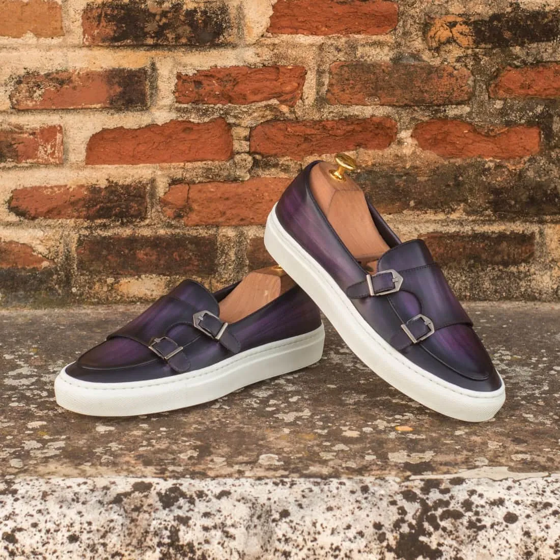 Sneaker Mocassin Double Boucle en cuir patiné violet