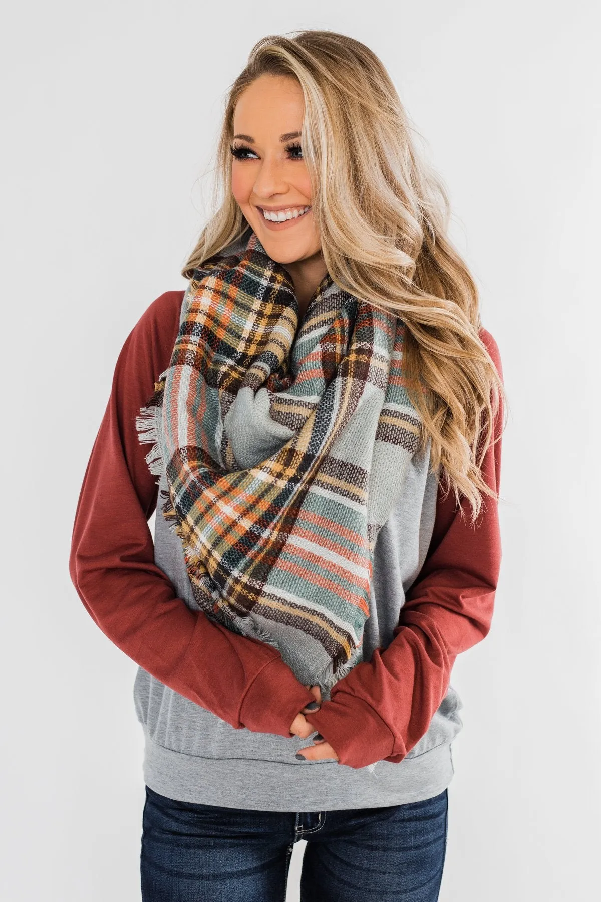 Soft & Cozy Blanket Scarf- Gray, Burgundy, & Mustard