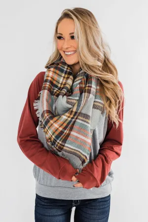 Soft & Cozy Blanket Scarf- Gray, Burgundy, & Mustard