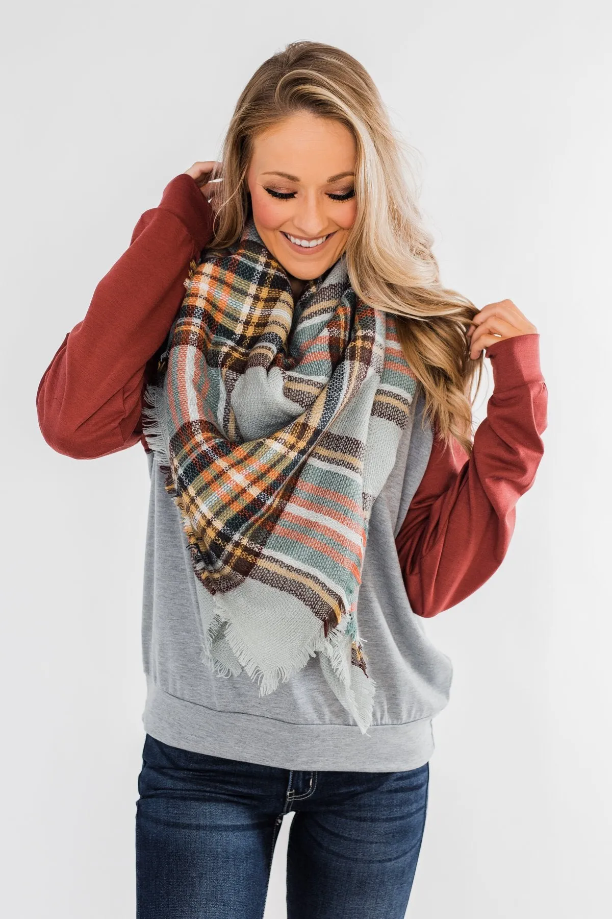 Soft & Cozy Blanket Scarf- Gray, Burgundy, & Mustard