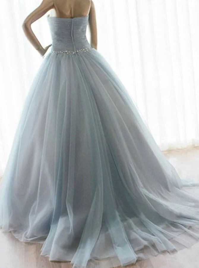 Strapless A-line Long Tulle Prom / Quinceanera Dress Blue Prom Dress Ball Gown Colored Wedding Dress