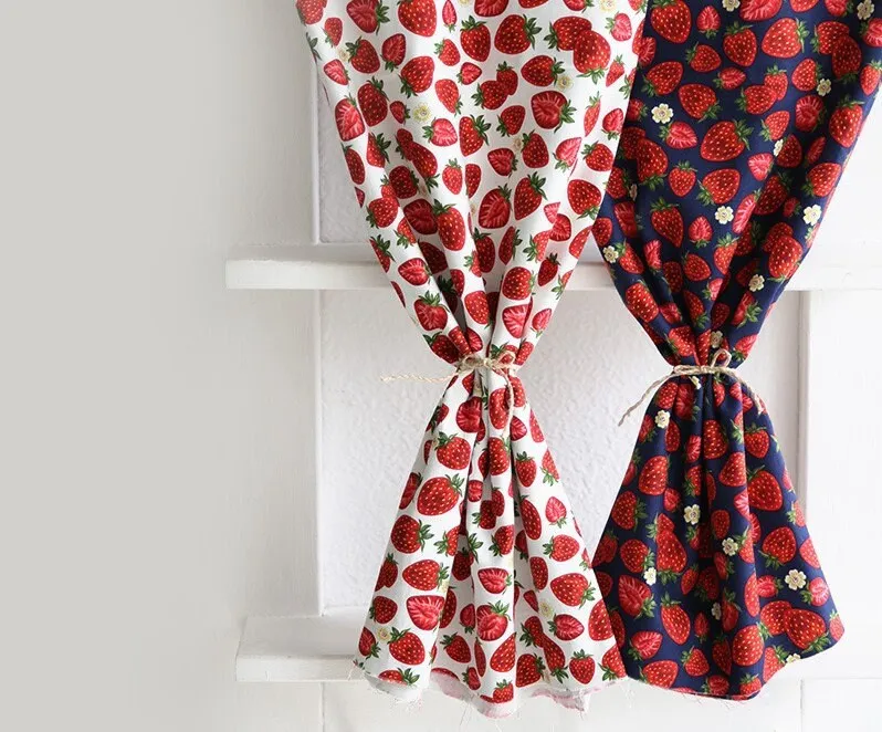Strawberries Oxford Cotton Fabric - White Ivory or Navy - Home Decor Fabric By the Yard / 54298