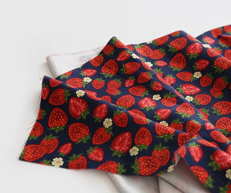 Strawberries Oxford Cotton Fabric - White Ivory or Navy - Home Decor Fabric By the Yard / 54298