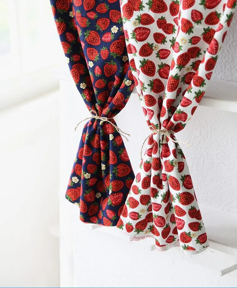 Strawberries Oxford Cotton Fabric - White Ivory or Navy - Home Decor Fabric By the Yard / 54298