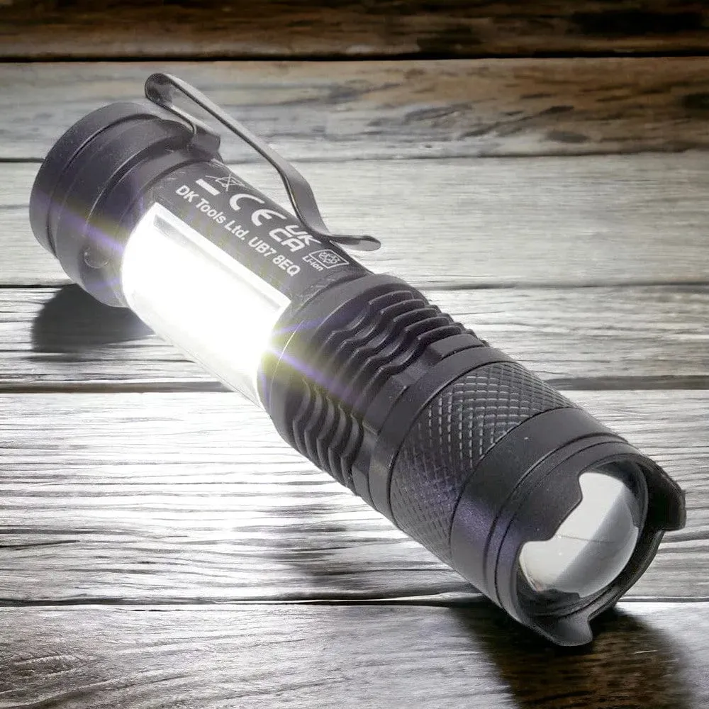 USB Rechargeable Torch Mini Pocket Flashlight COB LED Adjustable Beam & Strobe