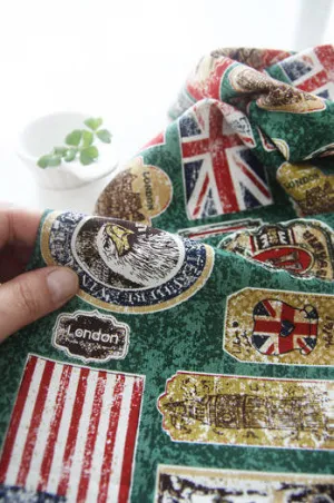 Vintage Labels Oxford Cotton Fabric - Green, Navy or Ivory - By the Yard 93823