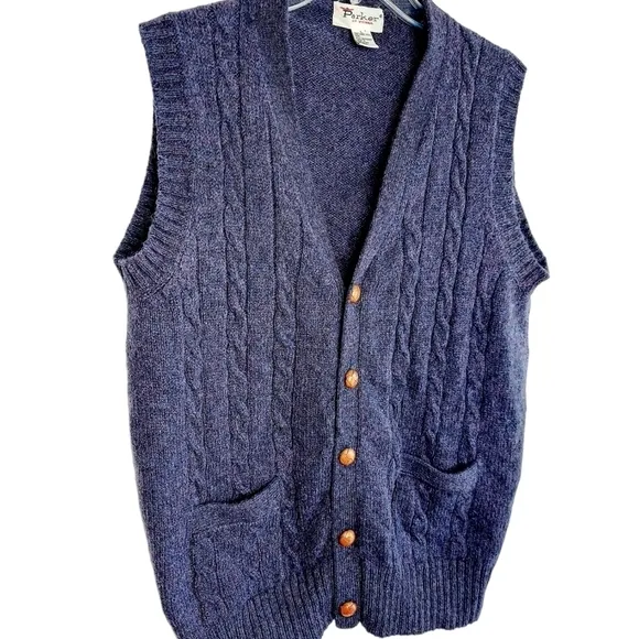 Vintage Parker of Vienna Shetland Wool Cable Knit Vest Large Deep Purple EUC