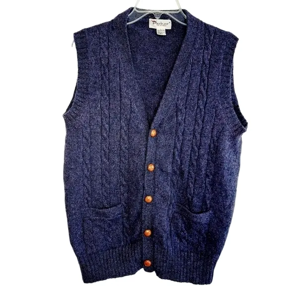 Vintage Parker of Vienna Shetland Wool Cable Knit Vest Large Deep Purple EUC