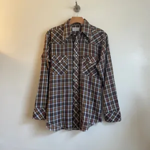 Vintage Wrangler Western Wear Plaid Pearl Snap Oxford Shirt // Unisex Size Medium